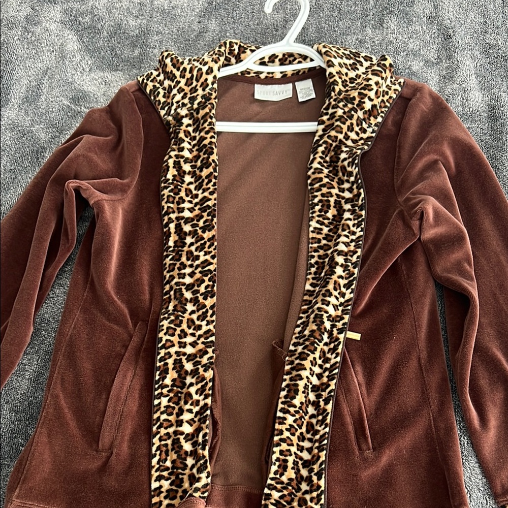 Brown Teddy Jumpsuit with Plush Fabric and Leopard Accents